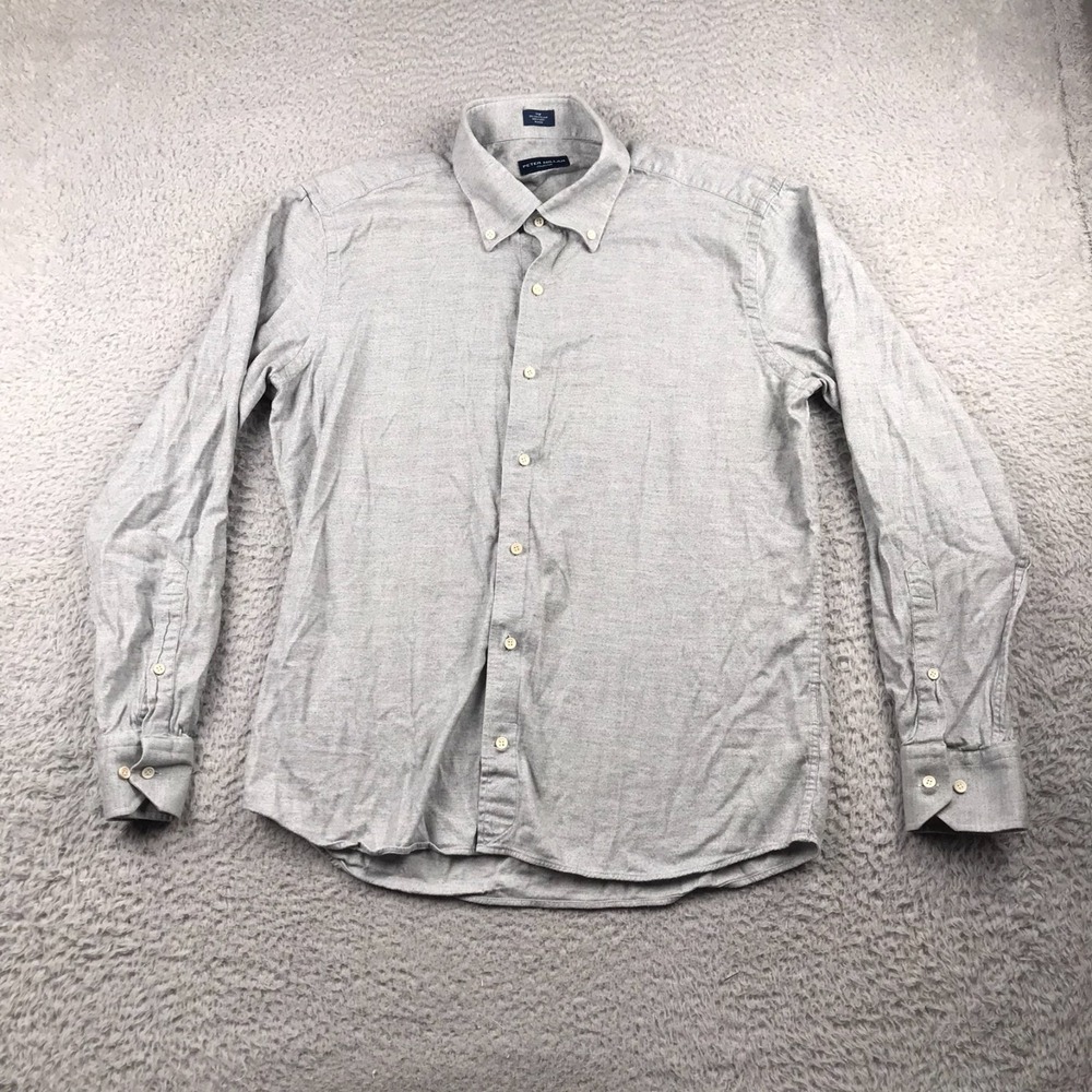 Peter Millar Collection Shirt Mens L Gray Herringbone Lightweight Flannel